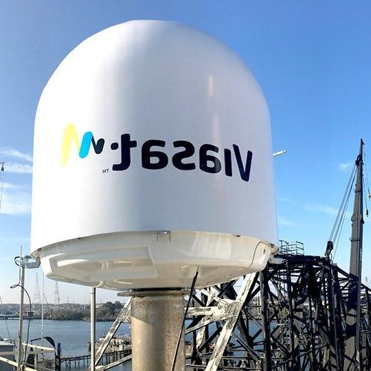 Viasat maritime 卫星通信 terminal radome installed on a vessel